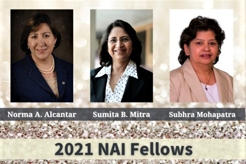 Portraits of Norma Alcantar, Sumita Mitra and Subhra Mohapatra, the 3 USF faculty members who have been selected as new National Academy of Inventors Fellows